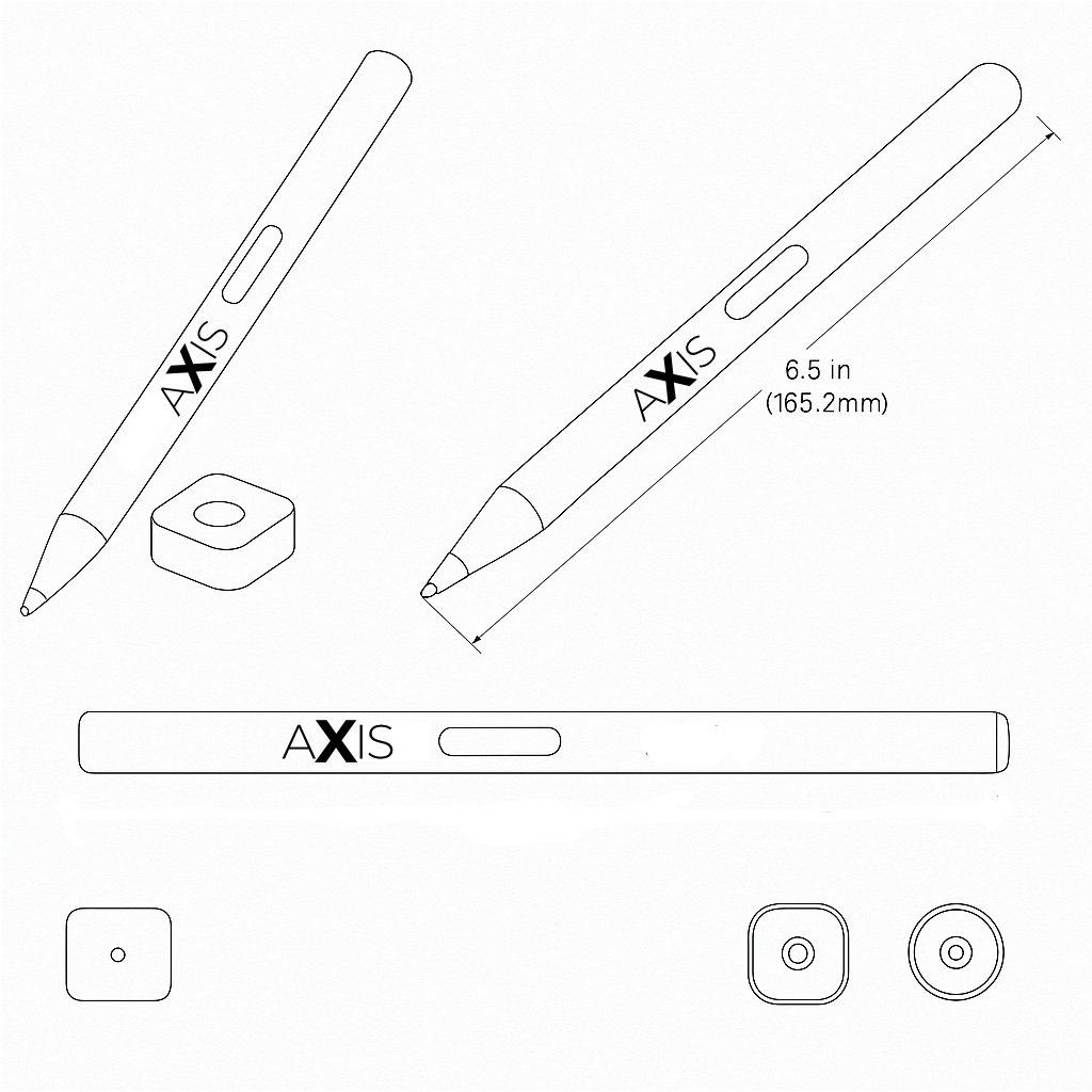 Axis technical/exploded illustration: modules, section and key dimensions