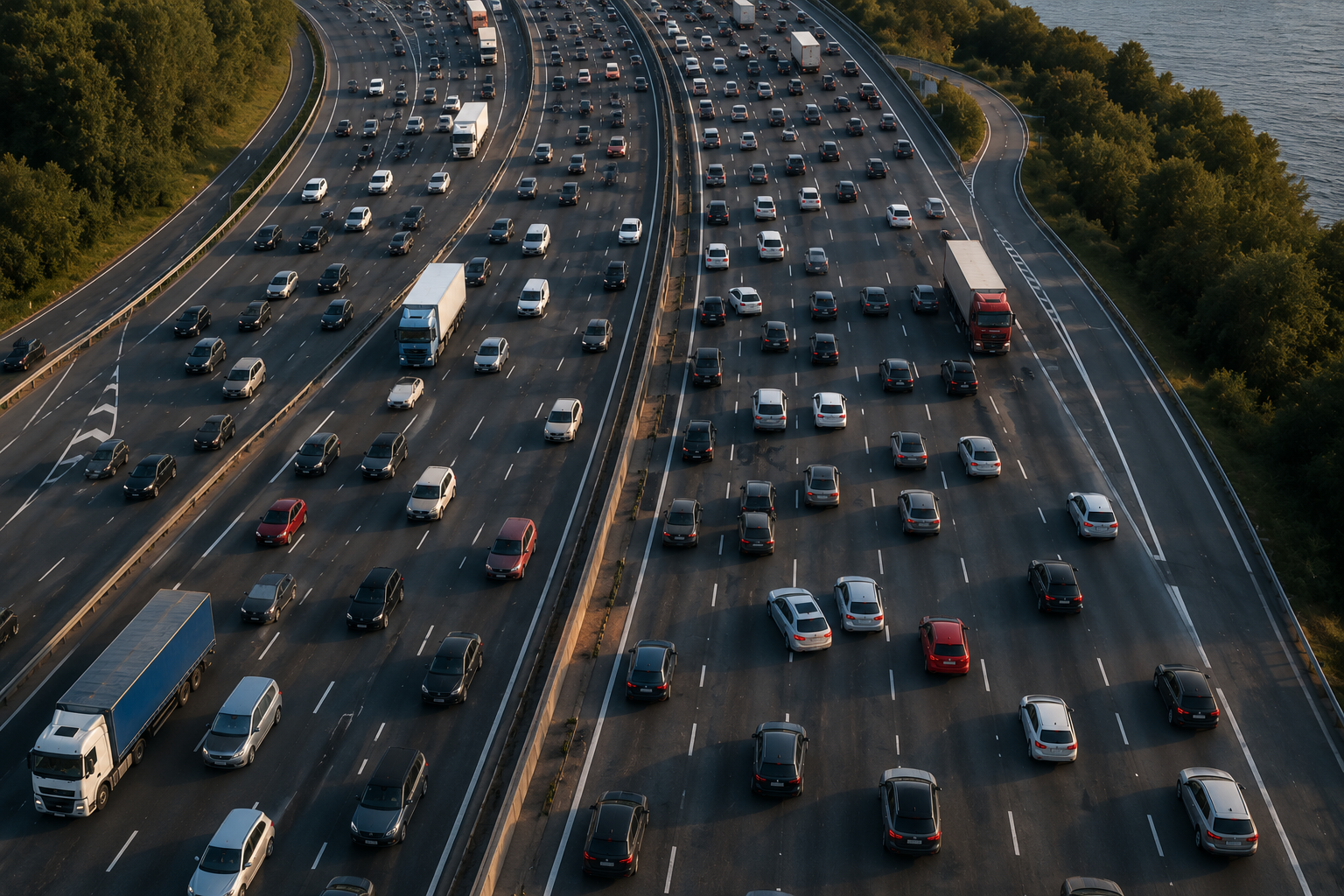 Top-down view of a traditional highway with scattered vehicles moving independently across multiple lanes. The layout appears chaotic, highlighting the contrast between individual freedom and the systemic fragility of high-speed traffic.