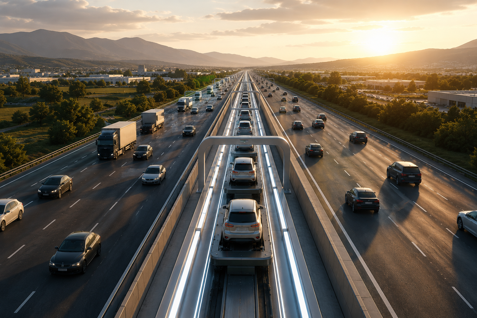 A wide, clean highway reimagined as a technological mobility corridor, with protected central lanes carrying coordinated vehicle convoys and small personal cars smoothly entering the network. The scene feels bright, orderly, and realistic, suggesting a future where infrastructure provides intelligence, safety, and efficiency.