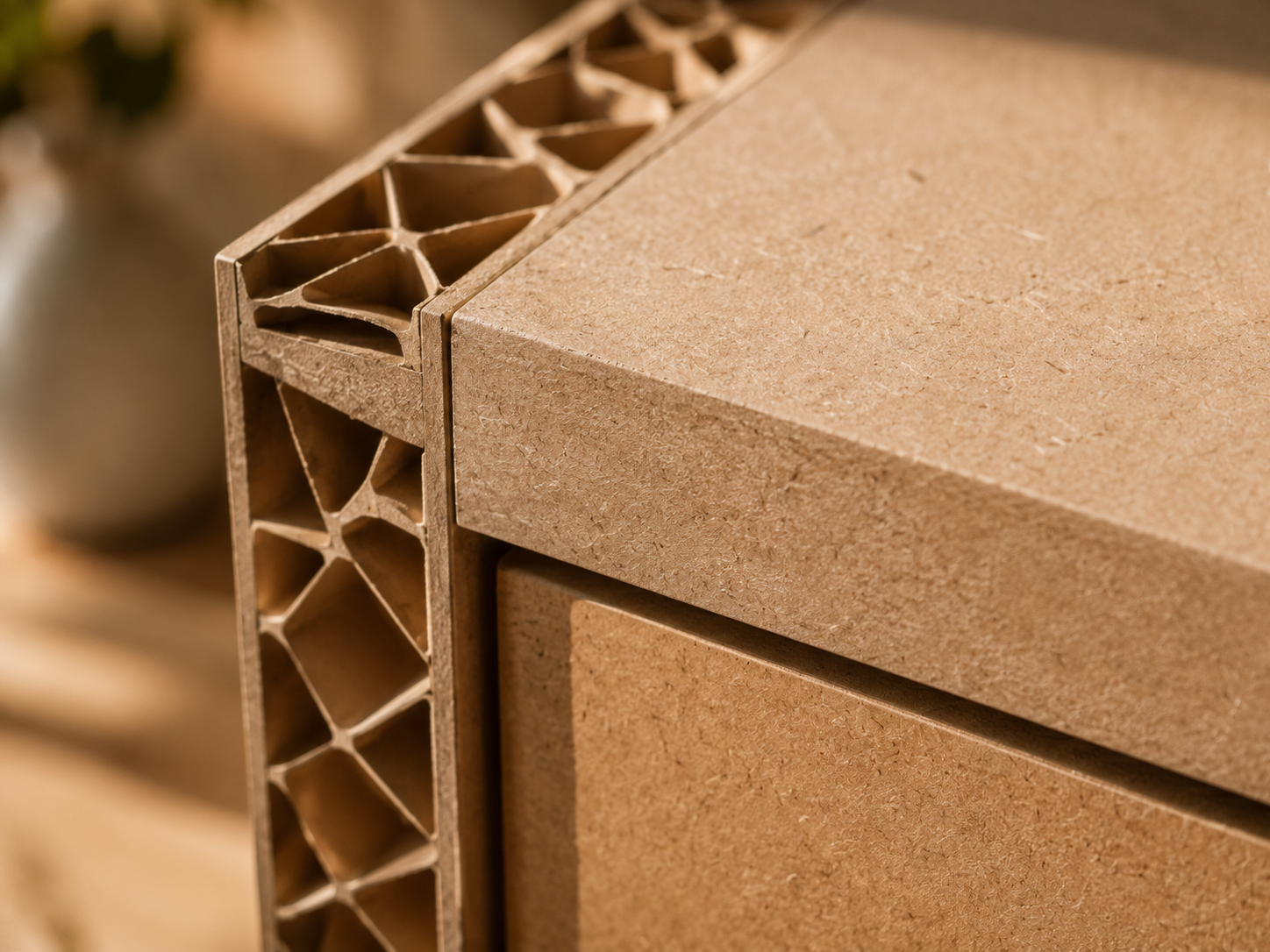 Close-up of PulpCore materials showing honeycomb cardboard structure and smooth pressed paper pulp surface.