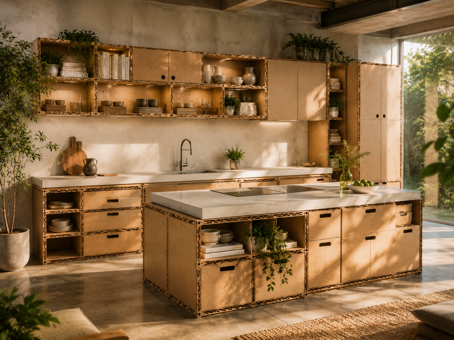 Conceptual PulpCore kitchen system with modular cabinets and durable pressed paper pulp work surfaces.