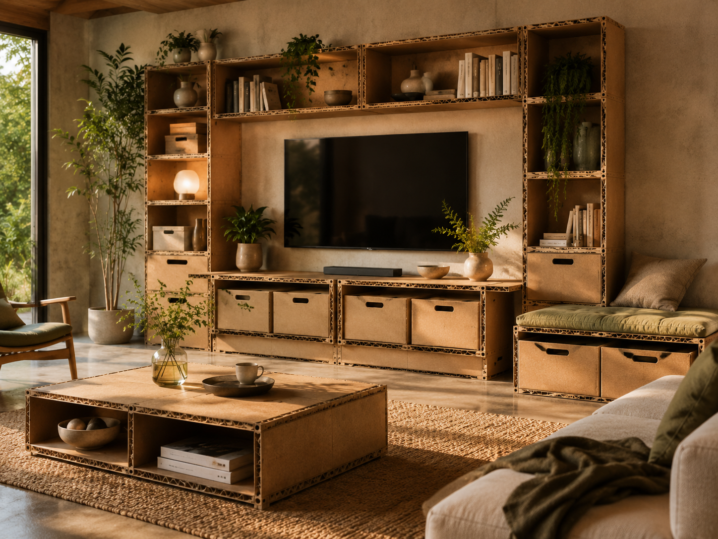 PulpCore modular living room with media wall, shelving, storage bench and coffee table made from paper-based components.
