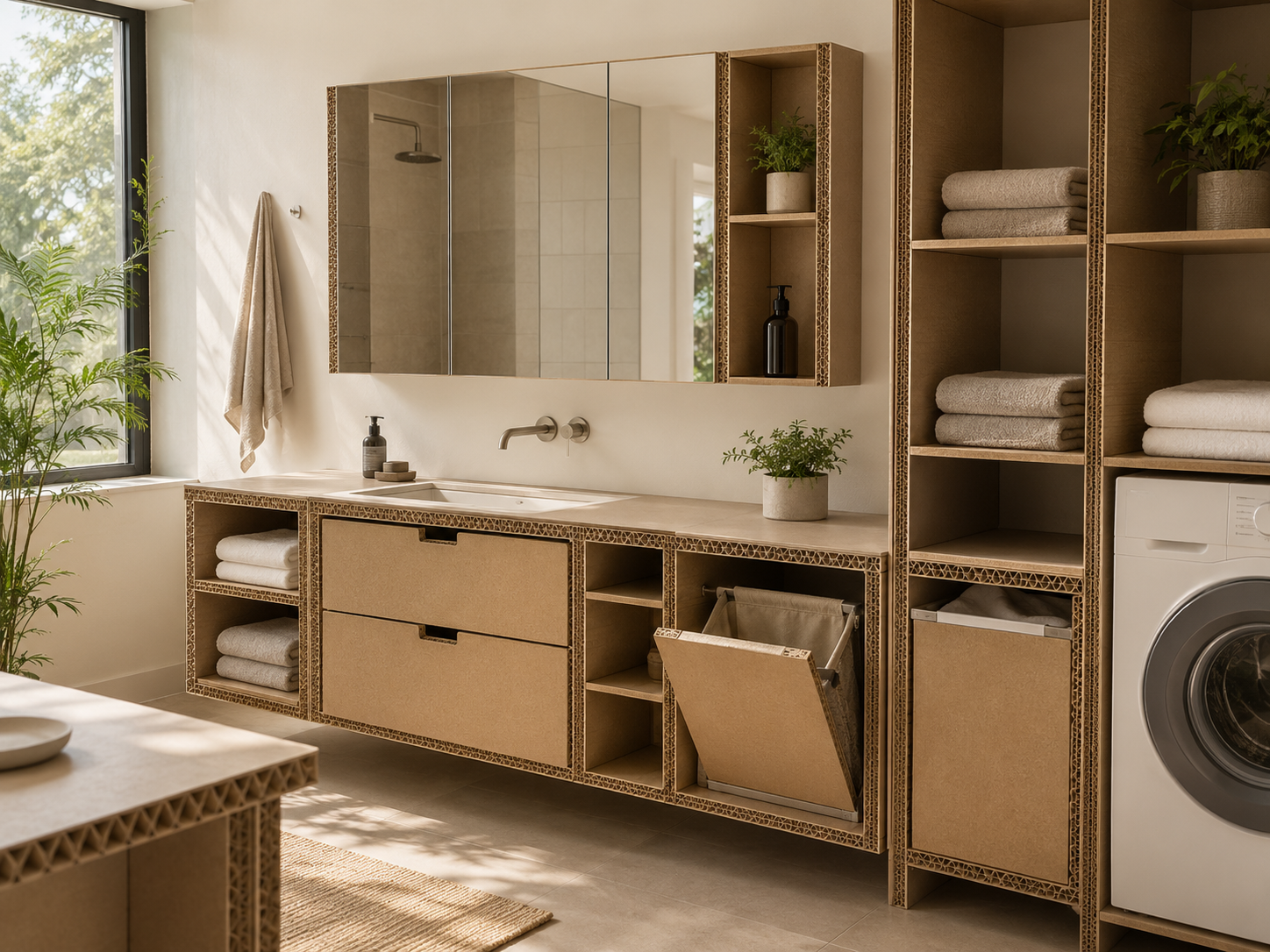 PulpCore bathroom and laundry concept with modular storage, vanity unit and protected paper-based surfaces for humid environments.