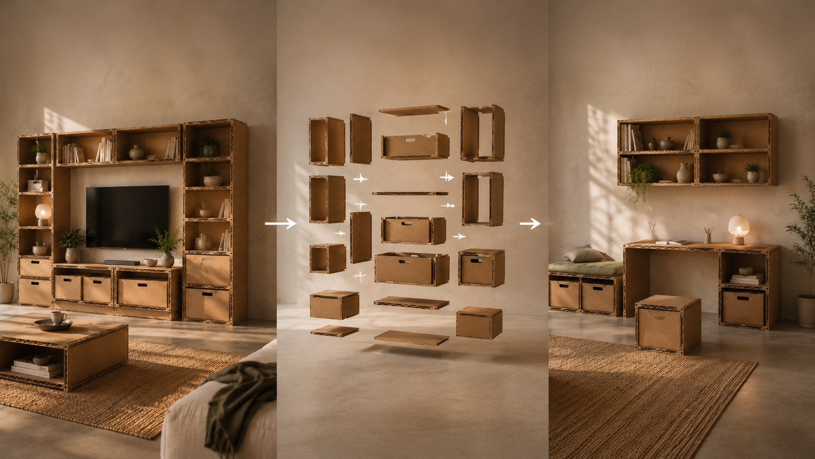 PulpCore reconfiguration principle showing modular furniture components being replaced and recombined into new layouts.