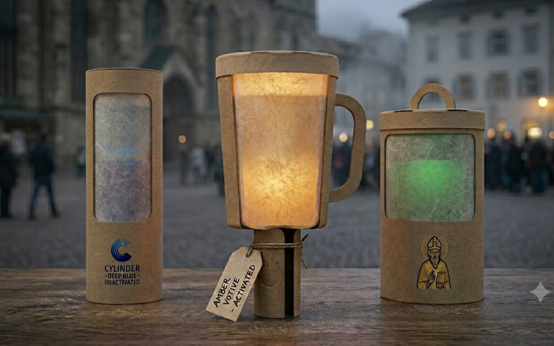 A photographic image of three prototype eco-friendly votive candles, made of brown cardboard, sitting on a rustic wooden table against a blurred background of a European city square at dusk. The central candle has a cup-like shape, with a cardboard handle and a translucent paper wrapper emitting a warm amber light, and a cardboard tag that reads "AMBER VOTIVE - ACTIVATED". The candle on the left is a simple cardboard cylinder with a label that reads "CYLINDER - DEEP BLUE - UNACTIVATED". The candle on the right is a shorter cylinder with a top that emits a green light, and a label featuring a stylized figure of a saint, possibly a bishop or an abbot.