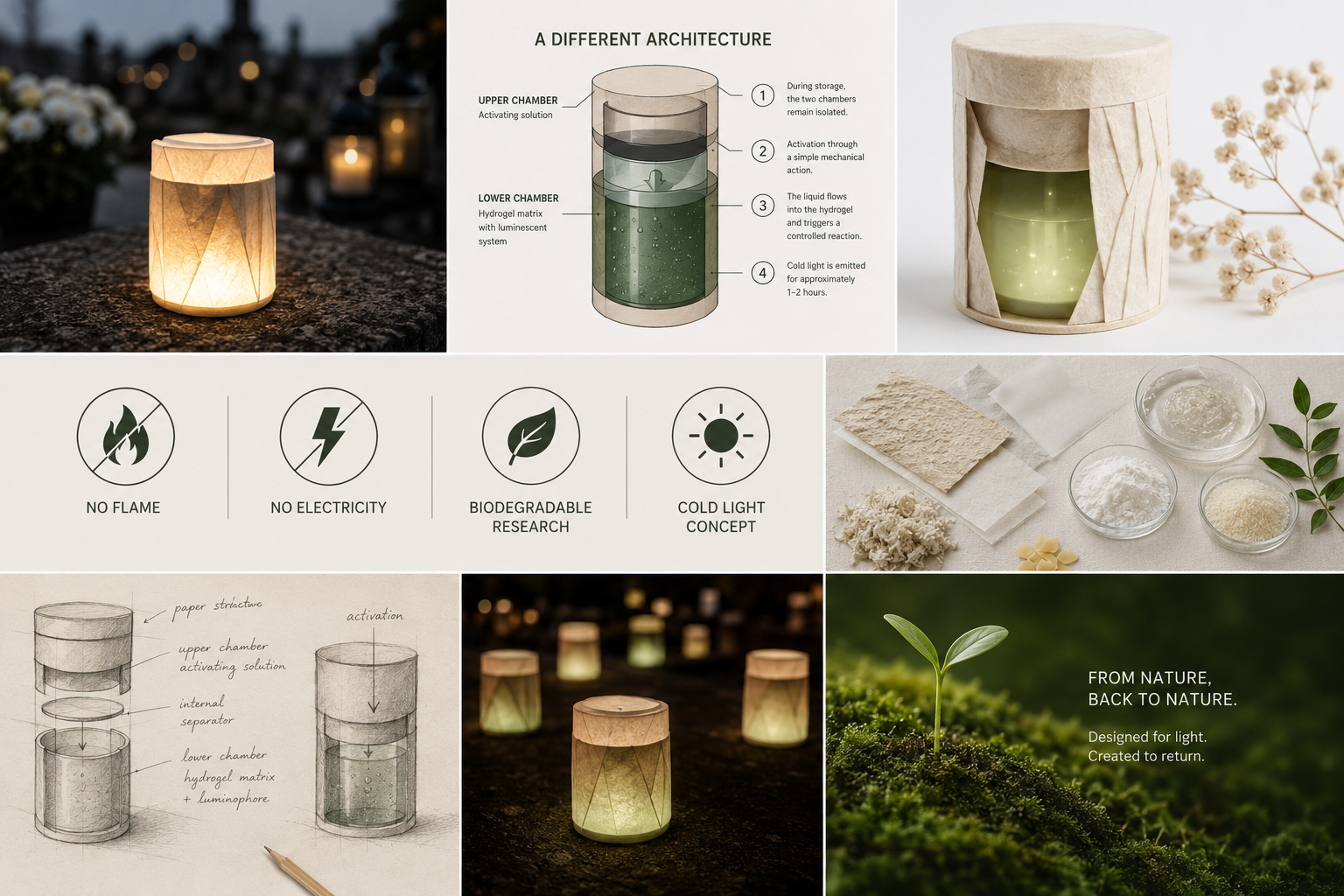 Concept illustration of the Lumen Green research project. The proposed architecture combines biodegradable materials, a dual-chamber activation system and hydrogel-controlled luminescence to explore a sustainable alternative to disposable LED candles.