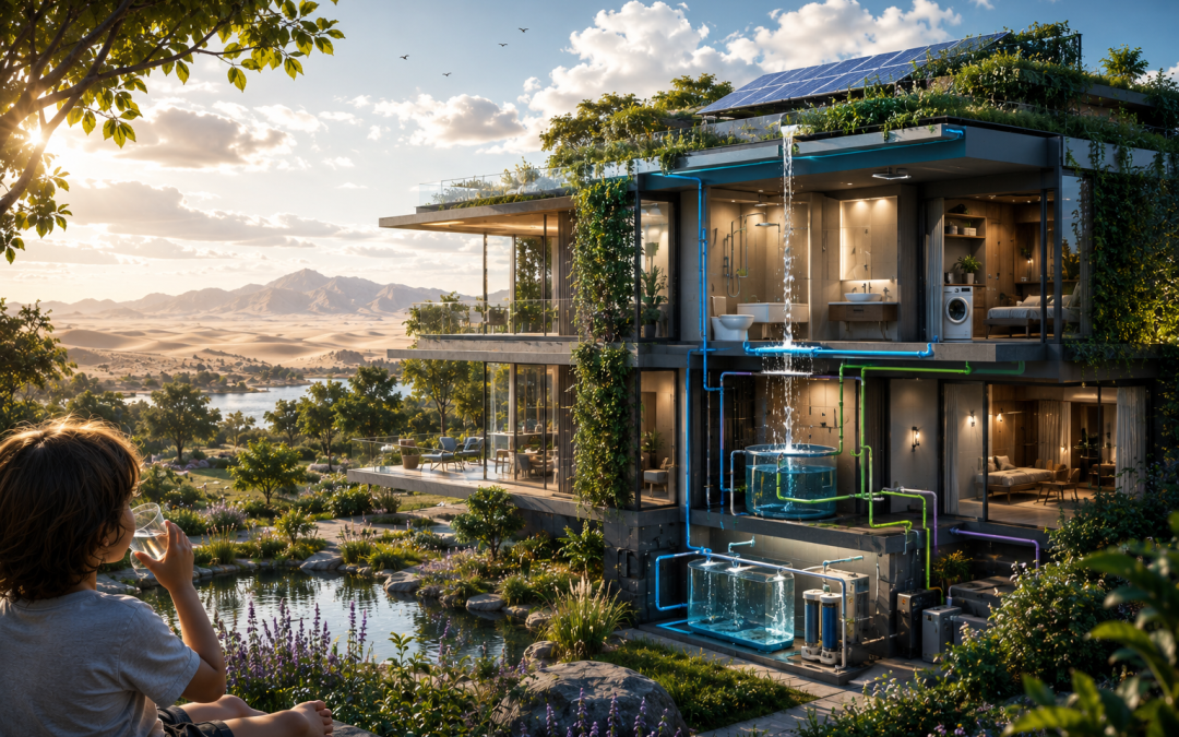 Photorealistic vision of a water-autonomous building in a semi-arid landscape at sunset. A modern sustainable home integrates rainwater harvesting, water recycling and renewable energy systems. Flowing water, lush vegetation and soft golden light contrast with the surrounding desert environment, symbolizing resilience, resource regeneration and humanity’s ability to create habitable spaces through intelligent water management.