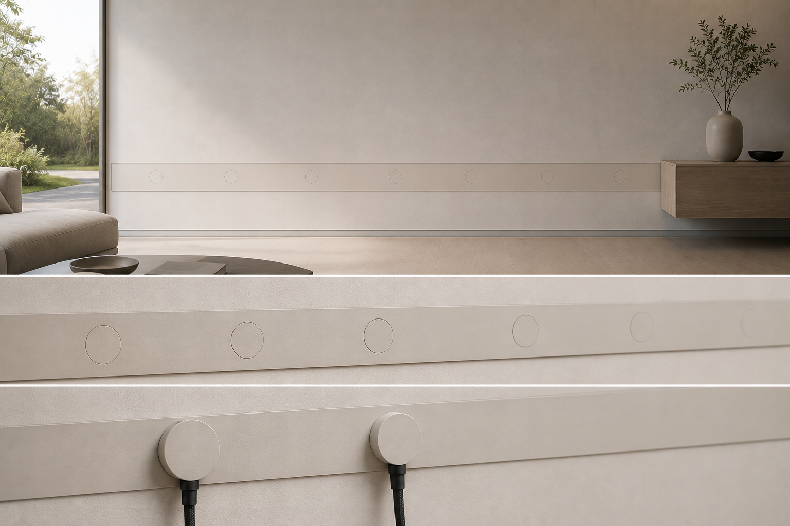 Concept of a recessed low-voltage distribution rail integrated into an interior wall, featuring nearly invisible magnetic circular connection points and removable power discs with attached cables.