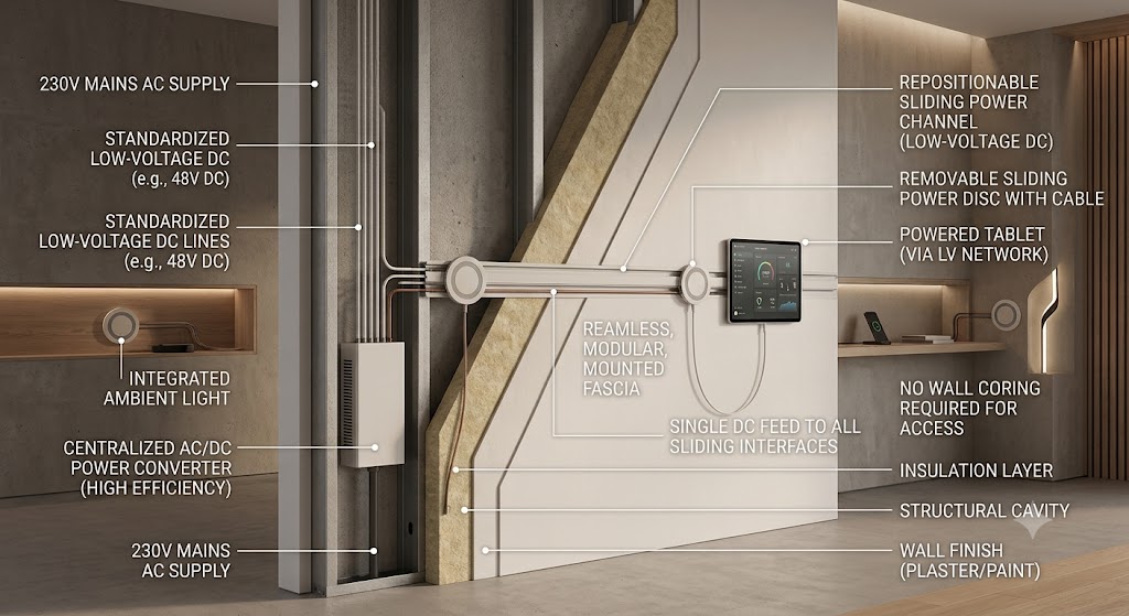 Technical infographic of a cutaway wall showing a centralized AC/DC converter feeding a continuous low-voltage DC sliding track with modular magnetic power interfaces.