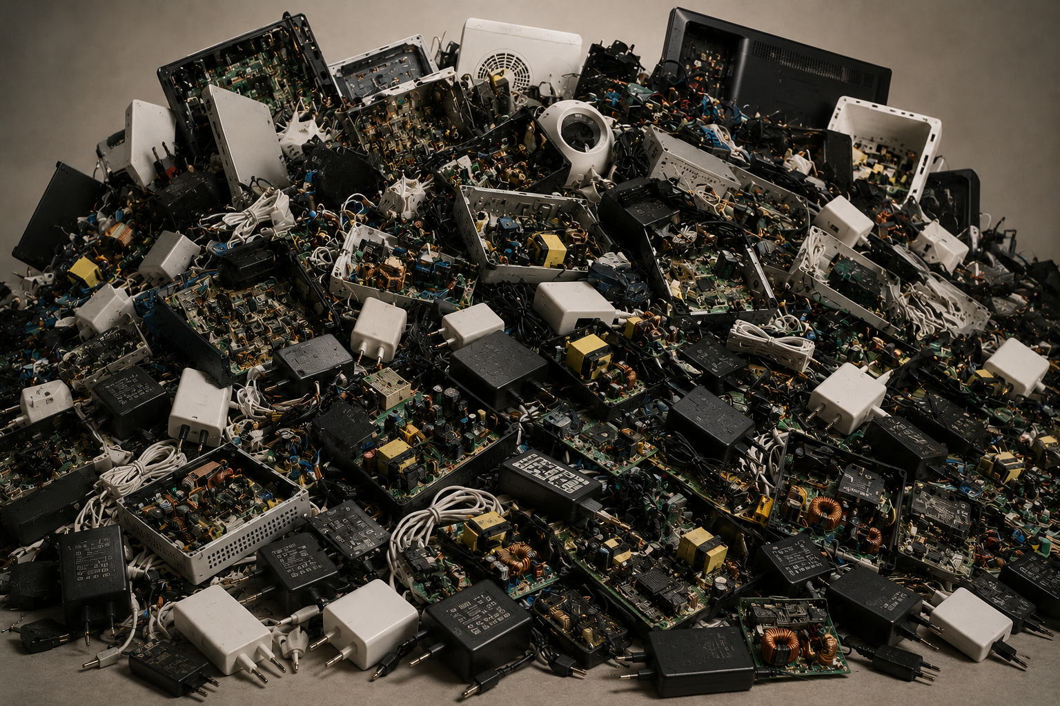 Pile of external power adapters, internal AC/DC power supply boards, transformers and electronic components illustrating the duplication of power conversion in modern electronic devices.